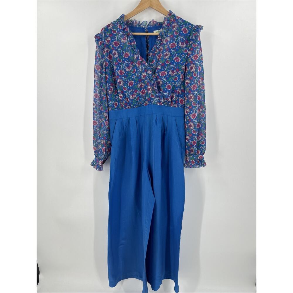 Boden Melody Silk Blend Jumpsuit Womens Size 4 Blue Floral Ruffle - Picture 4 of 15